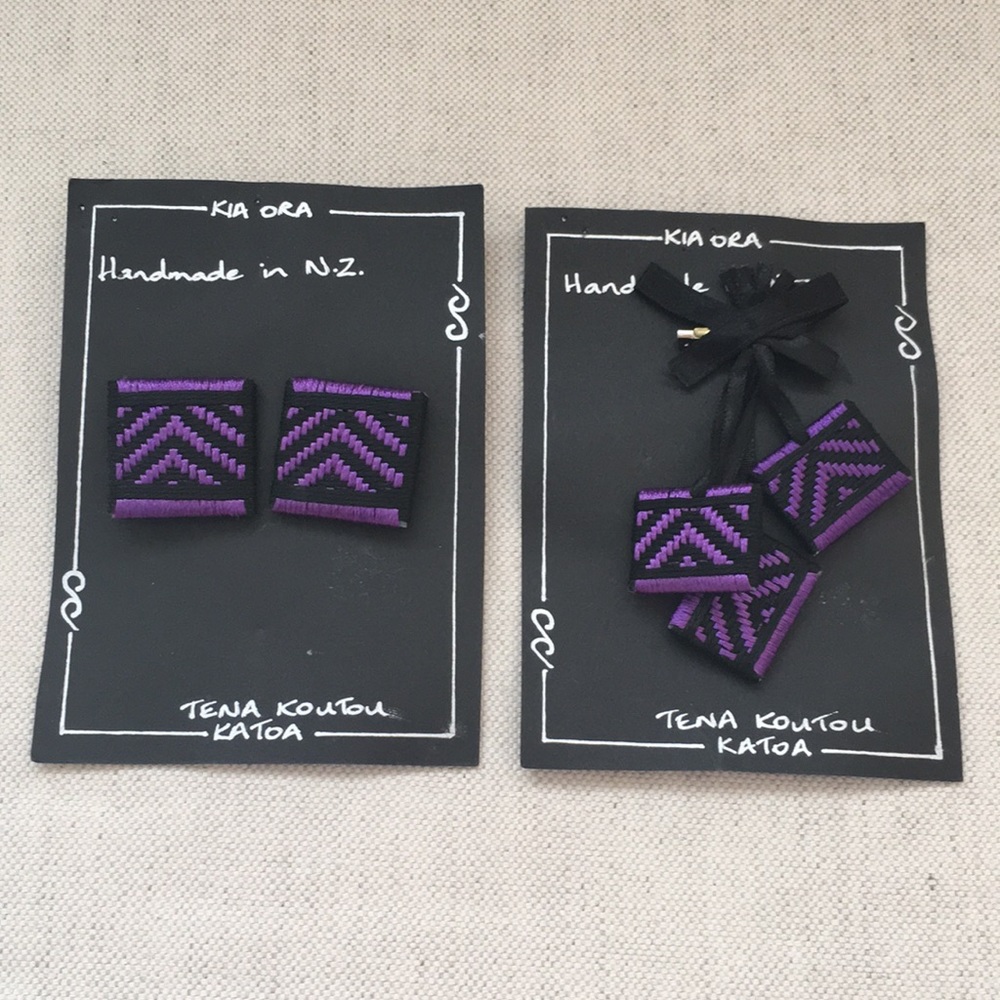 Handmade purple and black earrings and broach